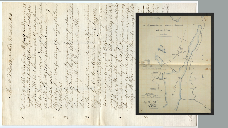 Frå arkivet: eit dokument om biblioteket i Sund frå 1828 og eit kart som viser vegbygging i Telavåg på 1920-talet